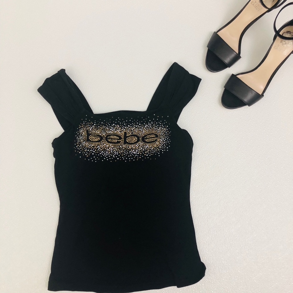 Bebe Black Short Sleeve Studded Logo Tee